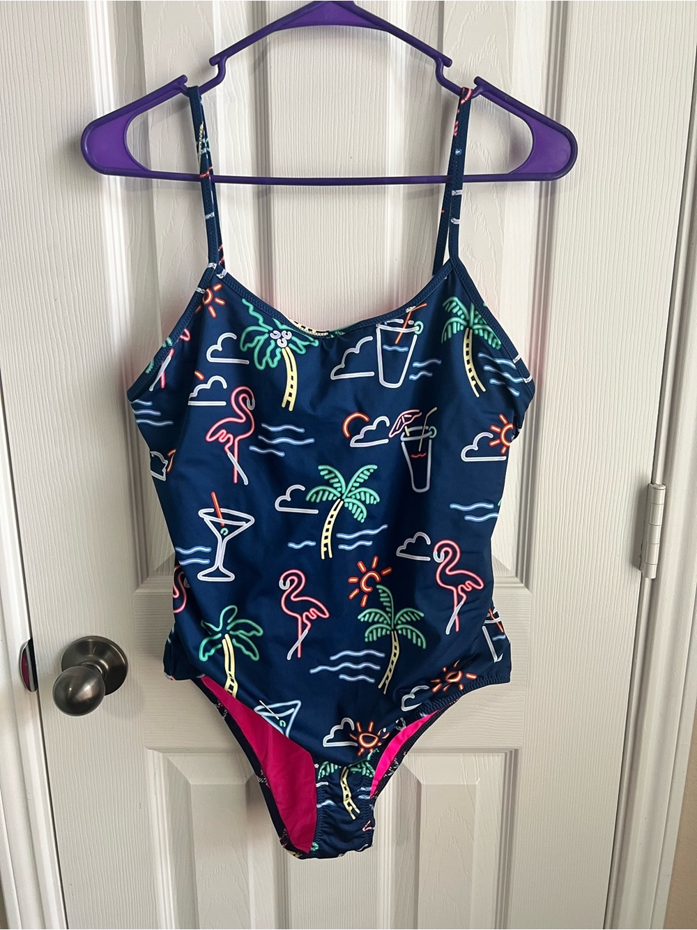 chubbies Navy Electric Avenue neon flamingo One-Piece Swimsuit